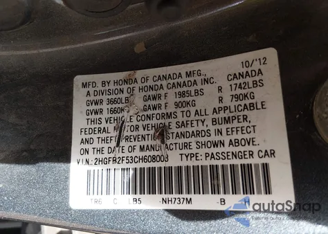 2012 Honda Civic Lx from USA, damaged, VIN 2HGFB2F53CH608003